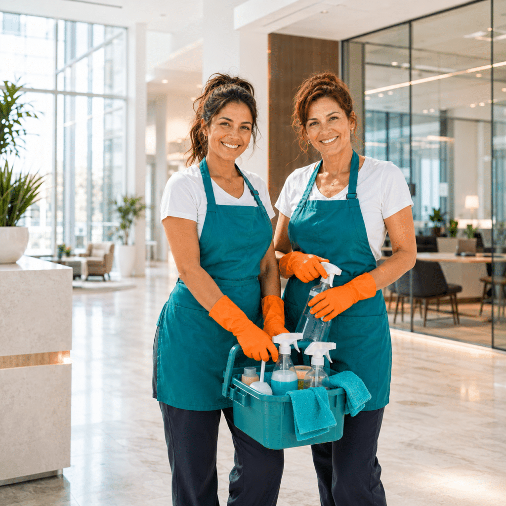 Professional commercial cleaning team in a modern office lobby in Southern New Jersey