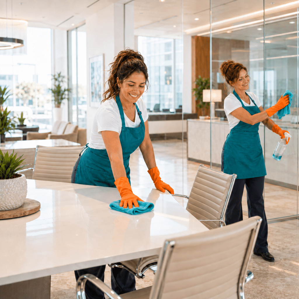 Professional cleaners wiping a conference table and glass wall in a modern Southern NJ office